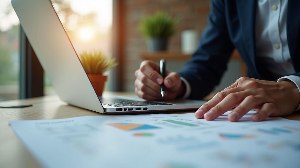 Eye-level view of a business owner planning marketing strategy on a laptop