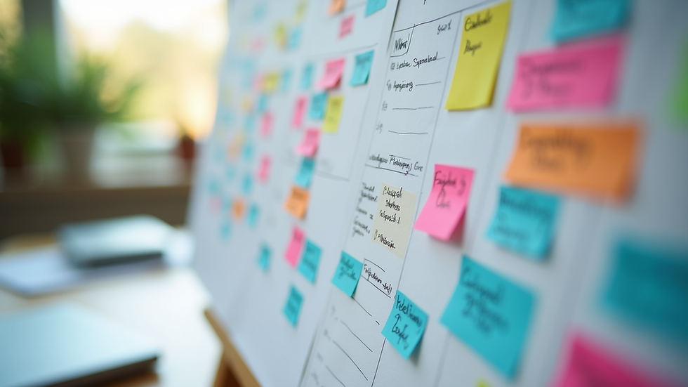 Close-up view of a marketing calendar with colorful notes and plans