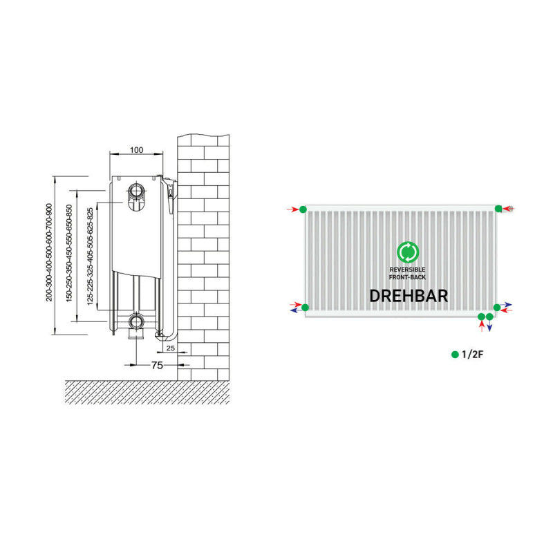 Miniaturbild: Universalheizkörper Kompakt Ventilheizkörper 6 Anschlüsse T22 500x2800-41