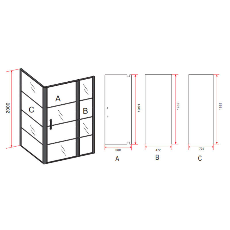 Miniaturbild: Duschkabine 80x120x200 Schwingtür + Festelement + Seitenwand schwarz matt