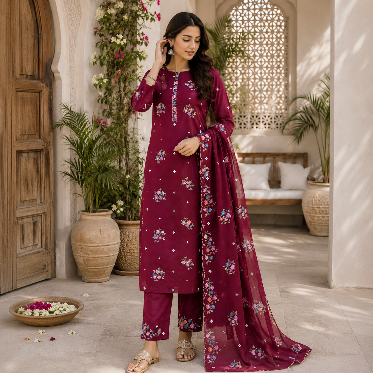 Floral Bloom Embroidered cotton suit