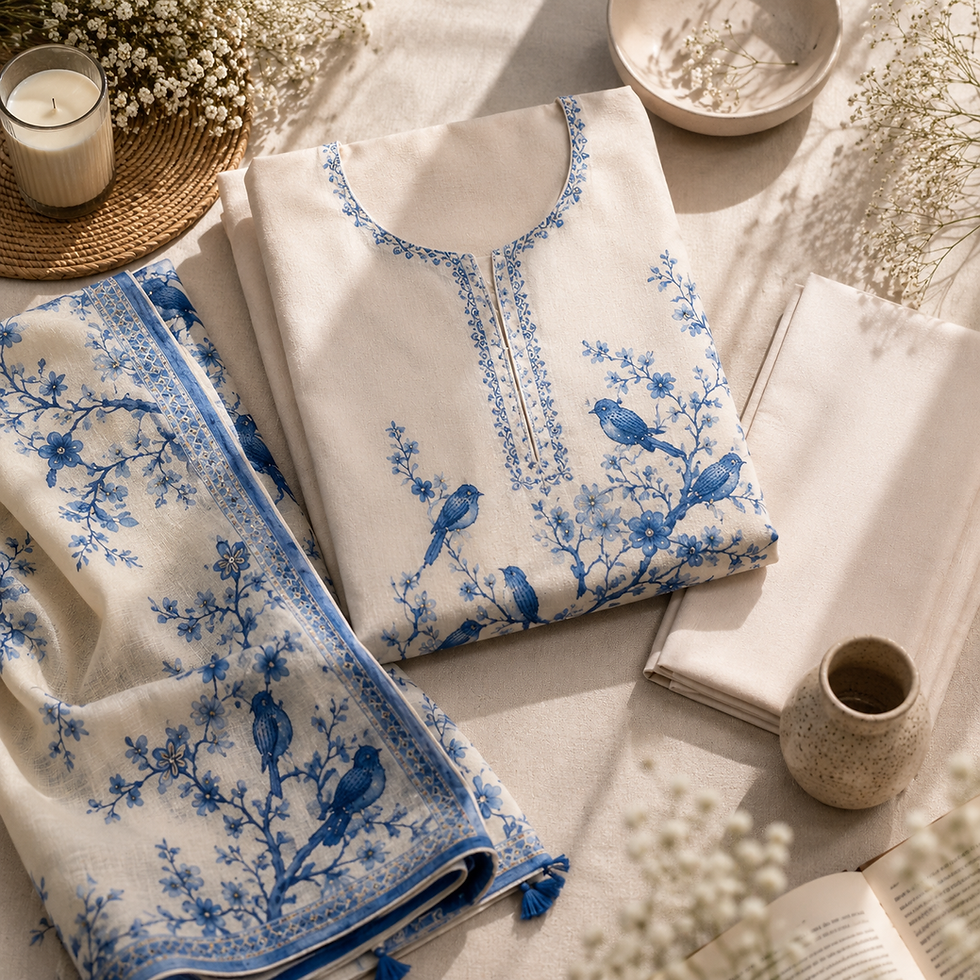 Blue Bird Linen Collection embroidered tunic and scarf
