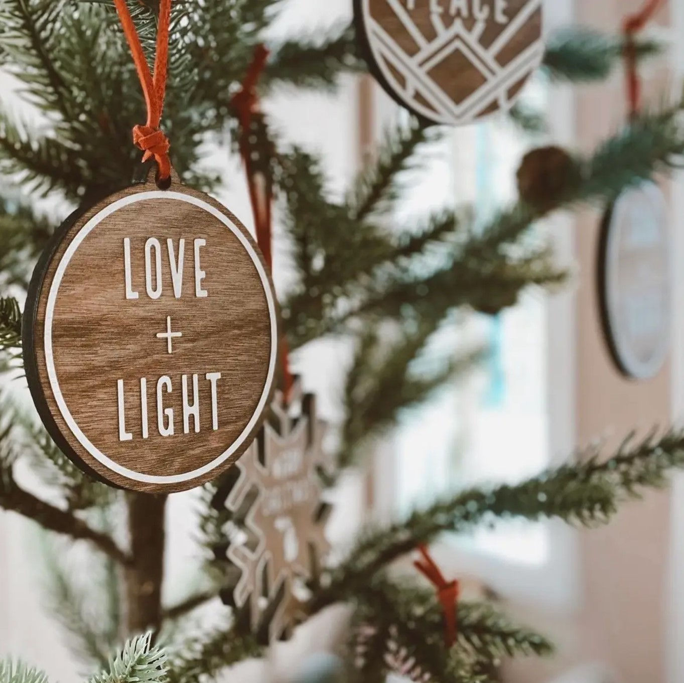 Wooden Christmas Ornament II Boho Bag Tag II Love + Light