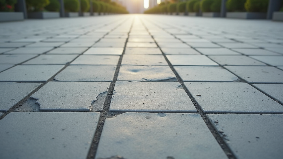 Eye-level view of polygonal concrete pavers laid in a patterned pavement