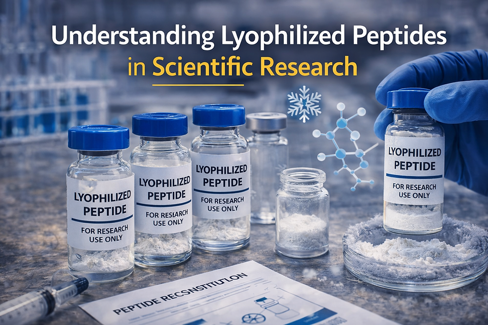Lyophilized research peptide powder in laboratory vials used in scientific research before reconstitution.