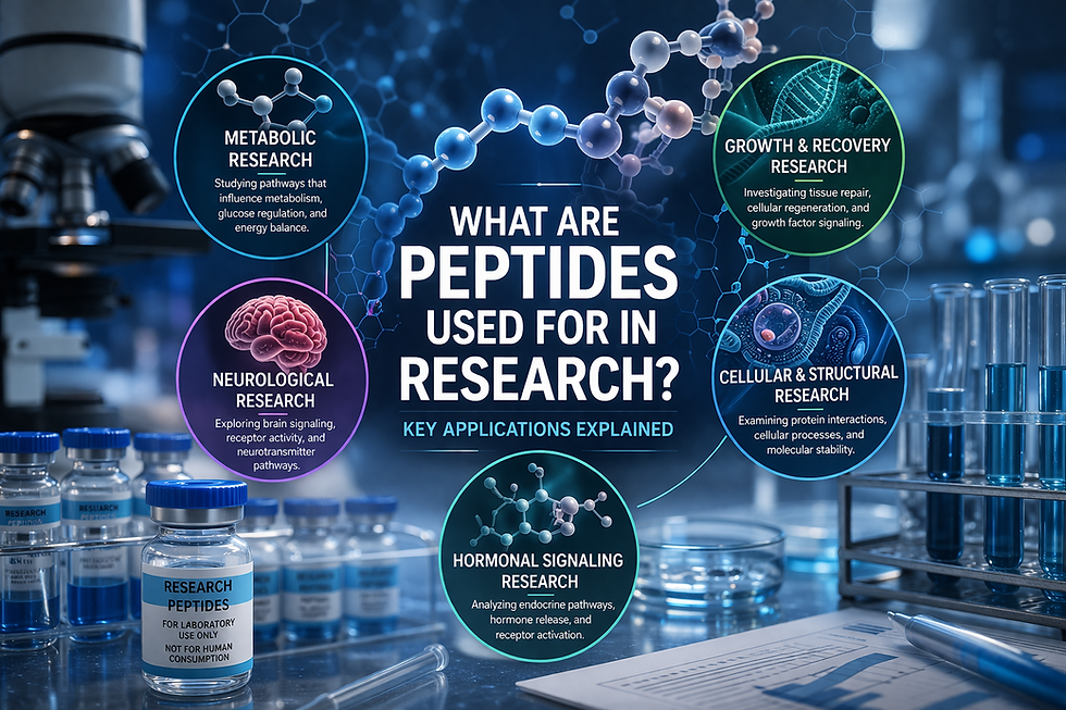 infographic showing peptide applications in research including metabolic, neurological, hormonal, and cellular pathways in a laboratory setting