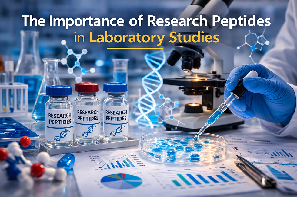 Laboratory research peptides with pipette and analytical equipment demonstrating the importance of research peptides in laboratory studies.