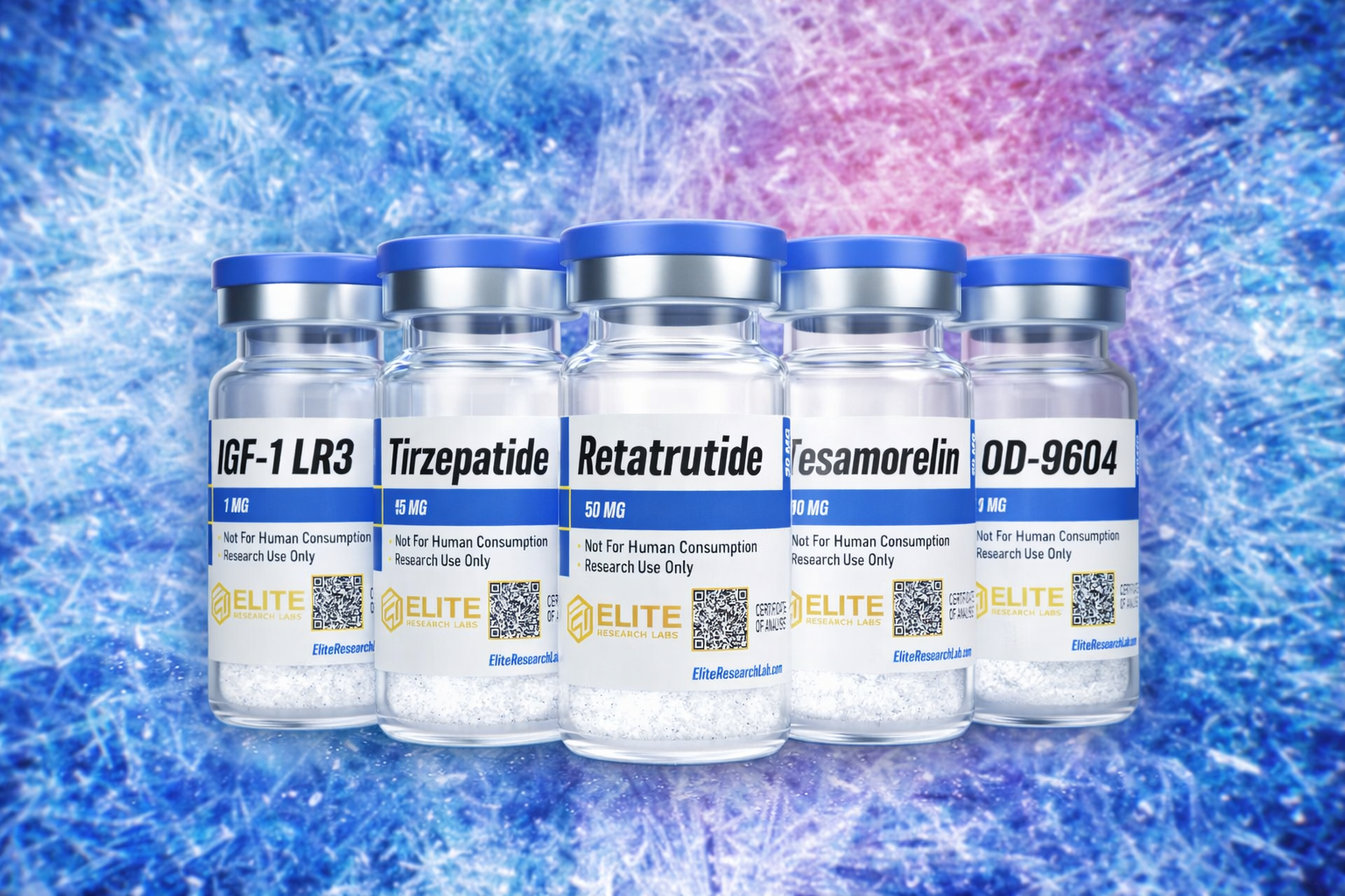 Research peptide vials in cold storage