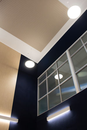Angled ceiling detail featuring perforated acoustic panels, timber finish, and suspended round light fixtures