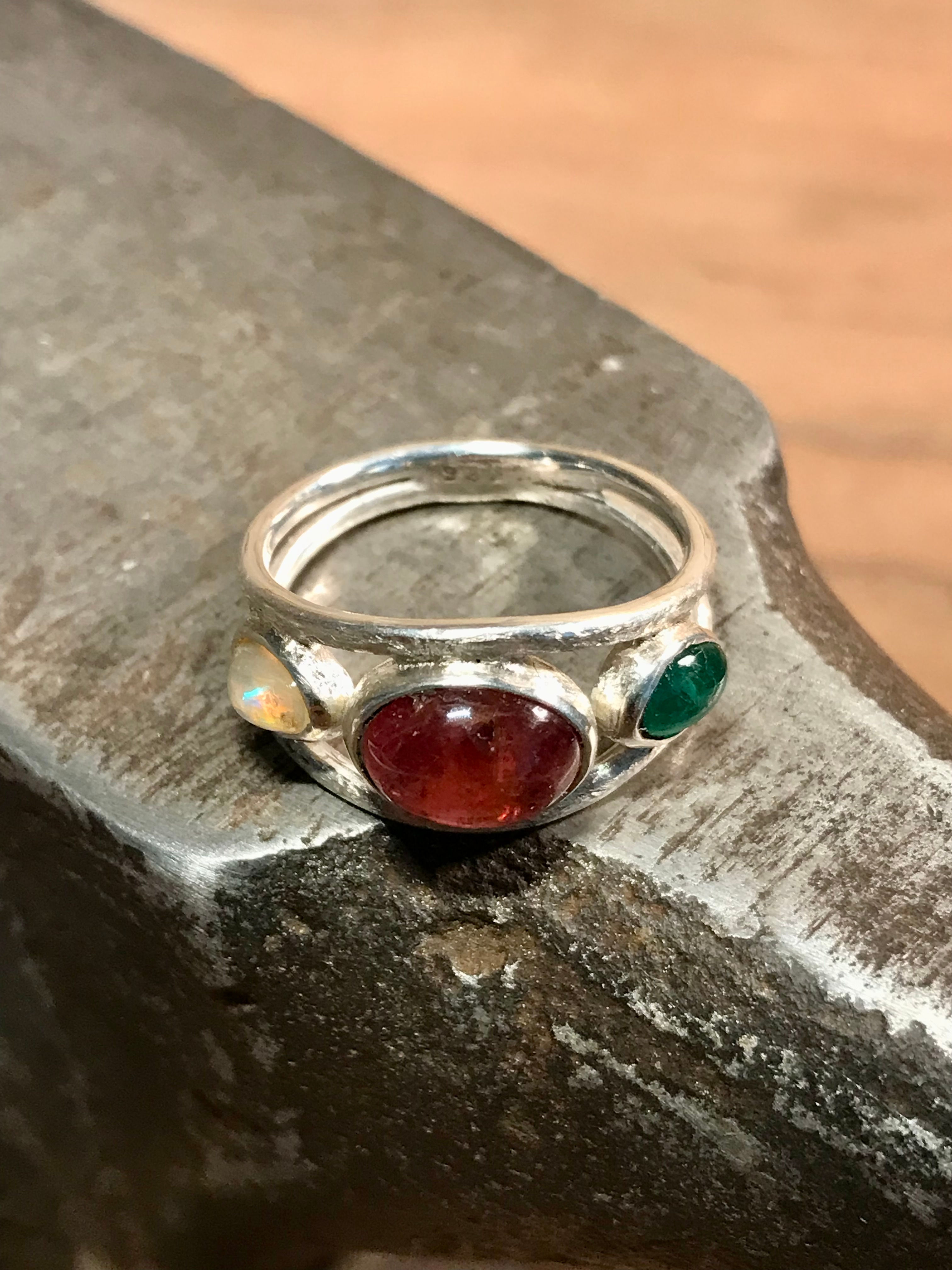 Turmalin Opal Smaragd Ring 925er Sterling Silber geschmiedet Unikat