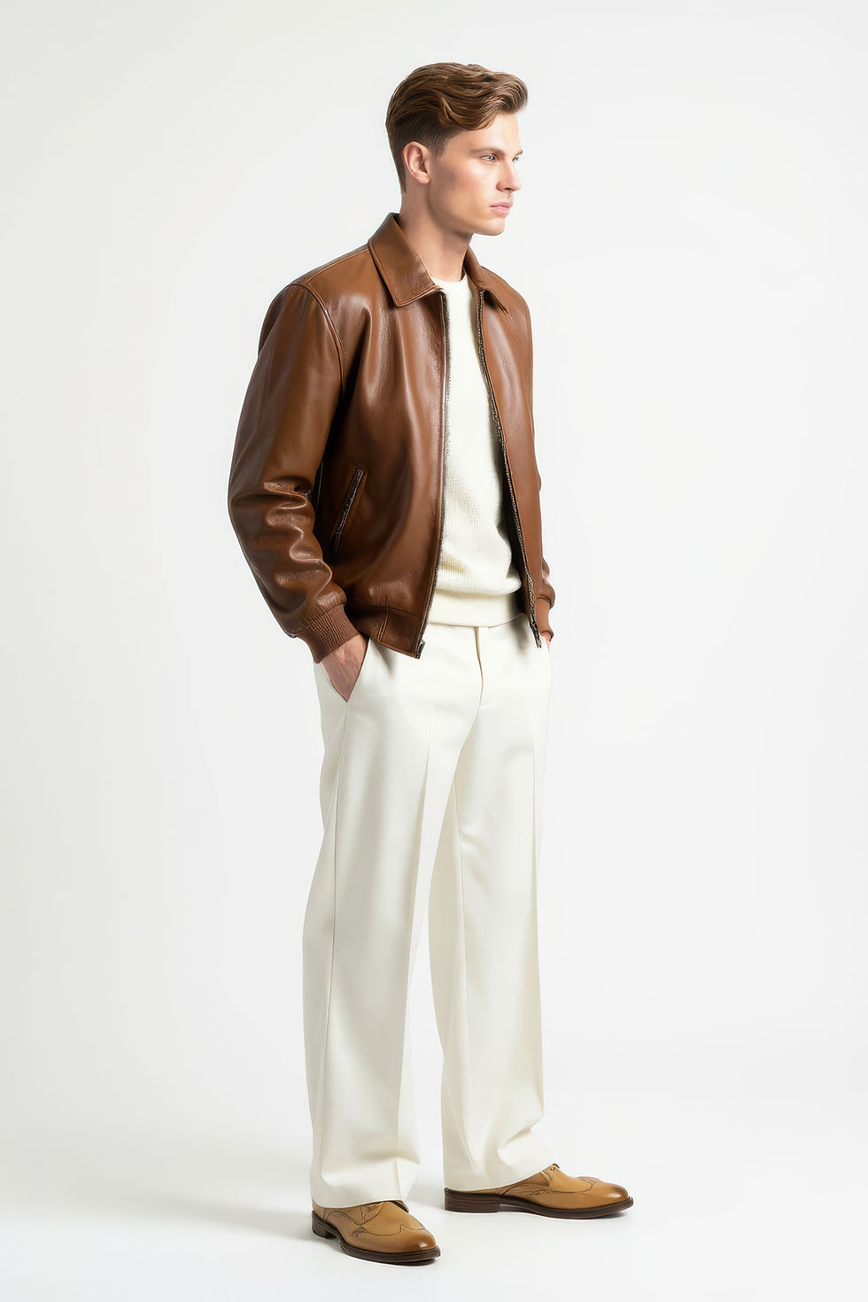 Thumbnail: Tan Leather Bomber Jacket