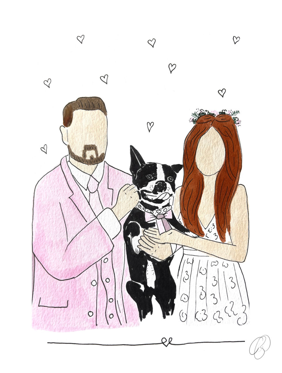 Bride & Groom and Furry Companion Wedding Illustration