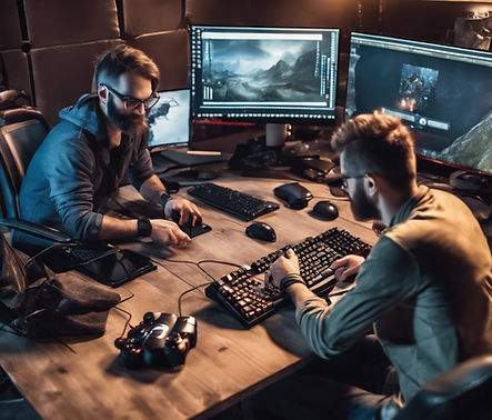 realistic photo of Game designers workin