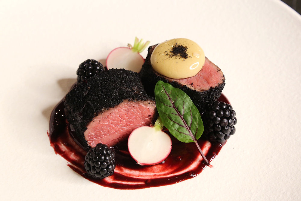 Leek Ash Crusted Venison with Blackberry Sauce, Red Radish and