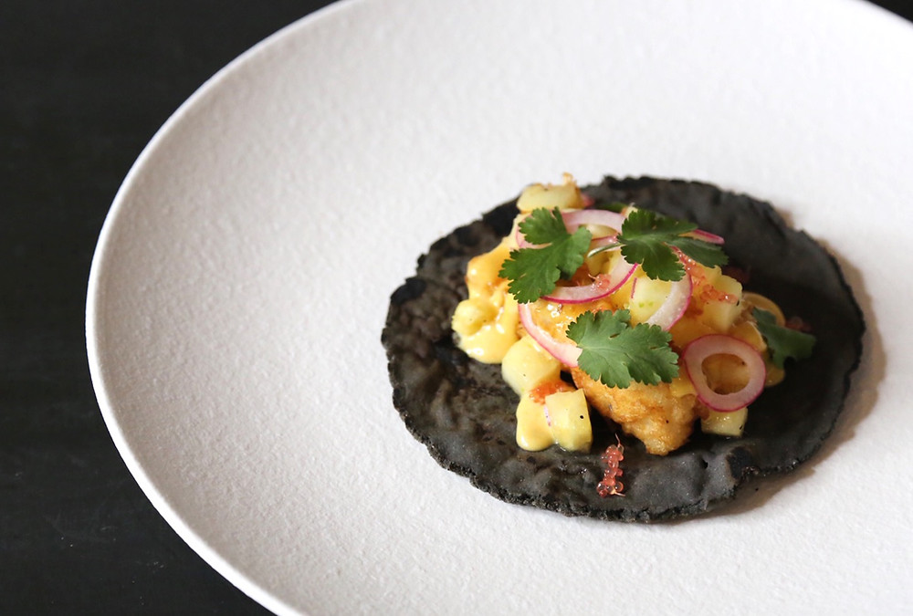 Squid Ink Fish Taco With Pineapple Salsa Chilli Mayo Finger Lime And Coriander
