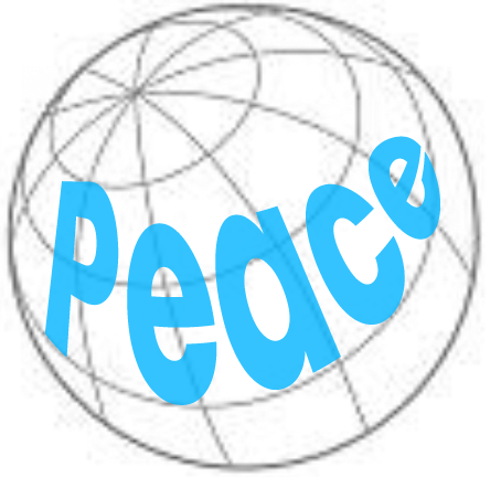 black and white globe with word PEACE written in blue