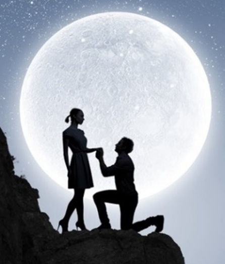 silhouette of man on bended knee, proposing to woman against backdrop of full moon