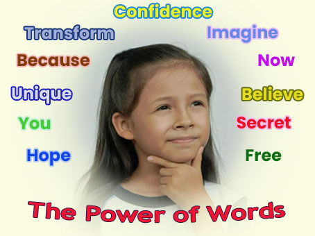 young girl surrounded by many words to choose from