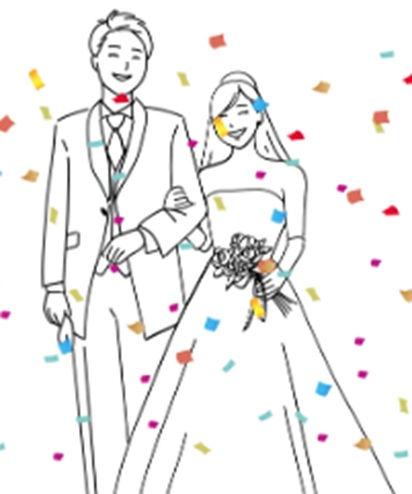 Happy bride and groom with colorful confetti around them