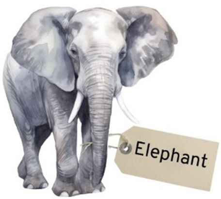 a gray elephant with name tag on its leg saying "Elephant"