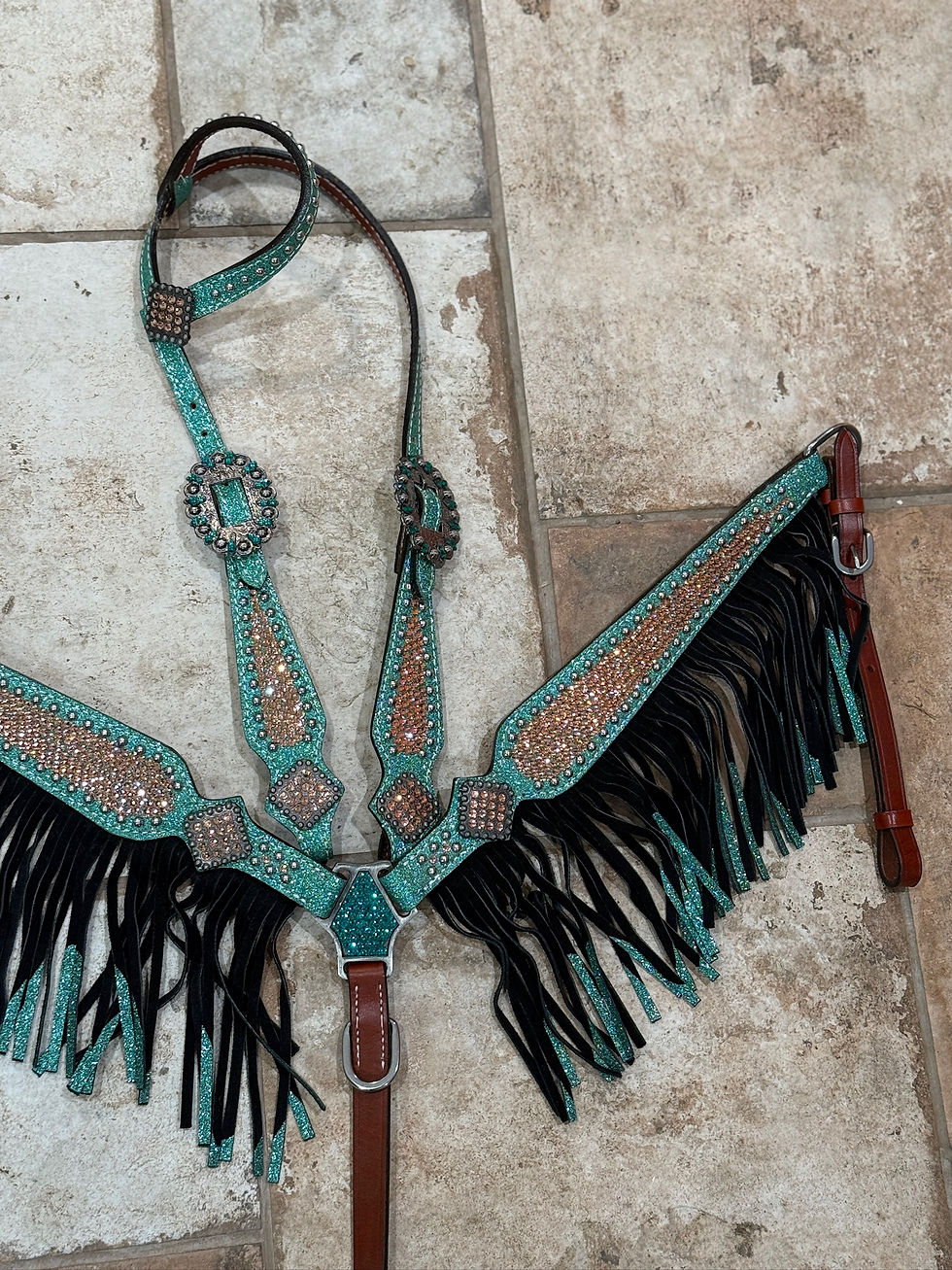 Thumbnail: Teal & Rose Gold Crystal Fringe Bridle Breast Collar Set.  Western Horse Show
