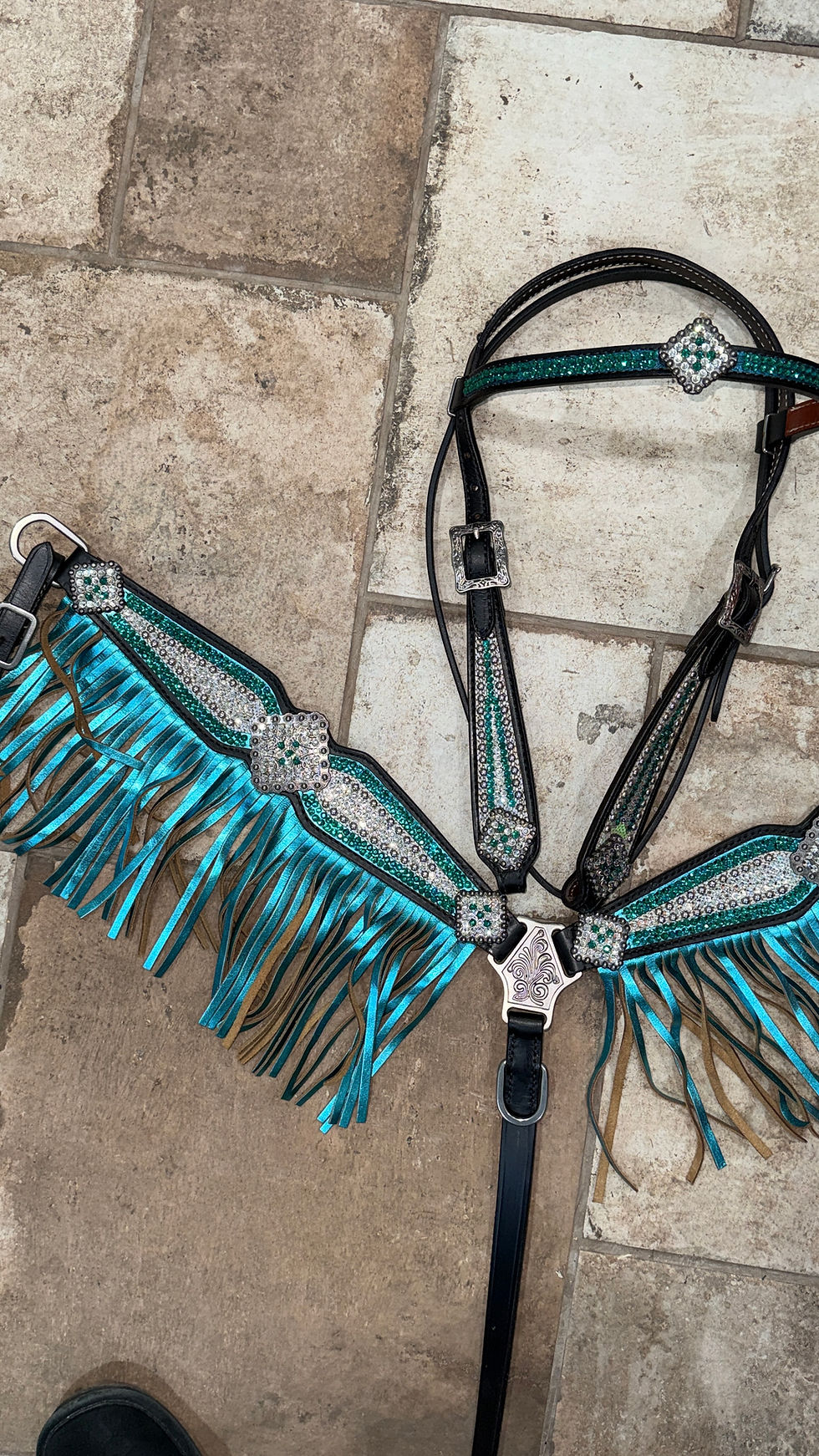 Thumbnail: Full Brow Turquoise Crystal Bridle Breast Collar Fringe Black Leather Fringe