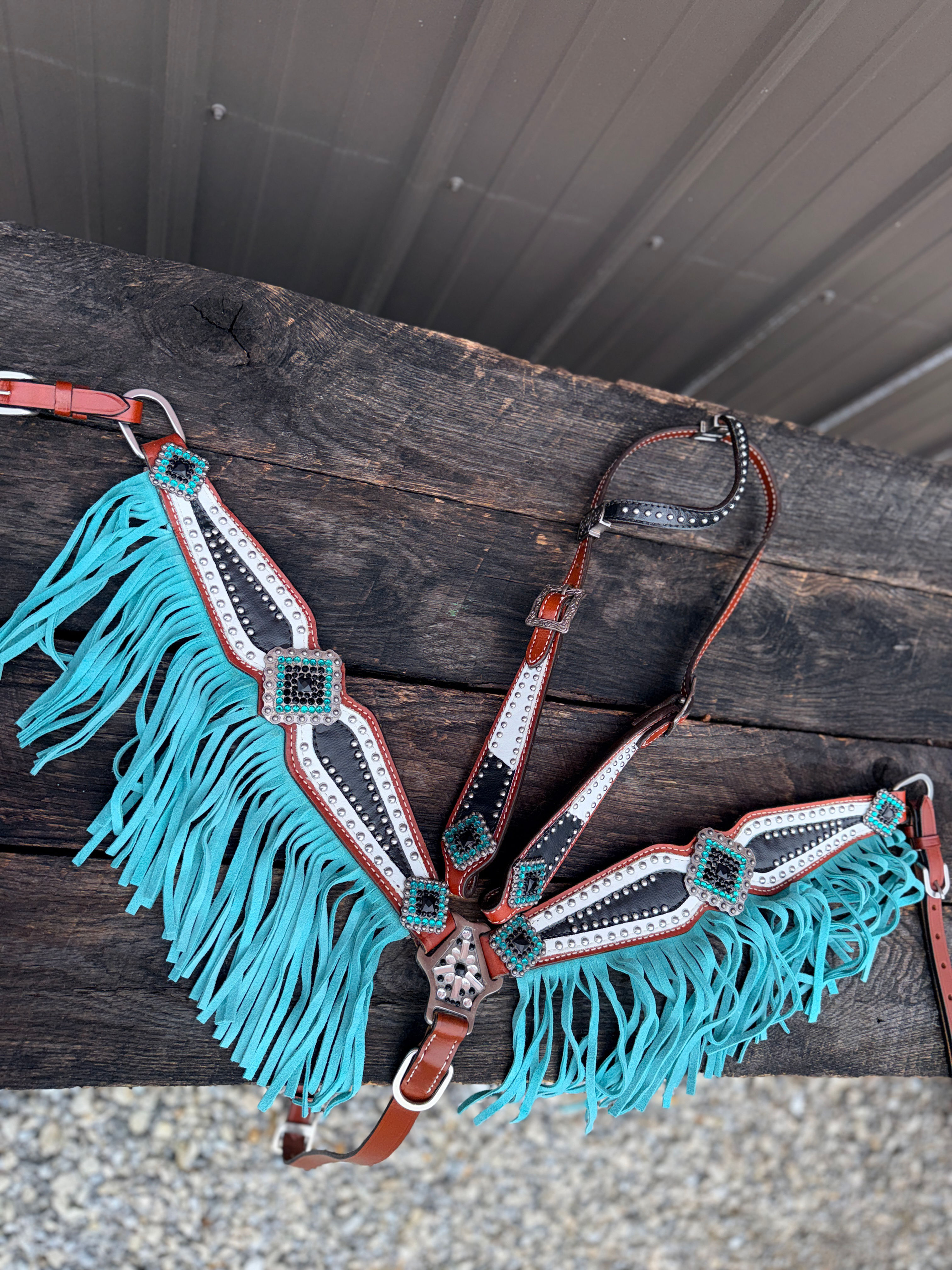 Turquoise Fringe Black White Bridle Breast Collar Tack Set