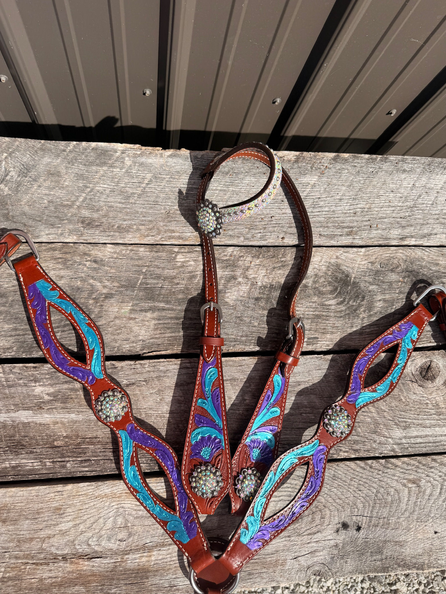 Metallic Turquoise Blue & Purple Bridle Breast Collar Tack Set