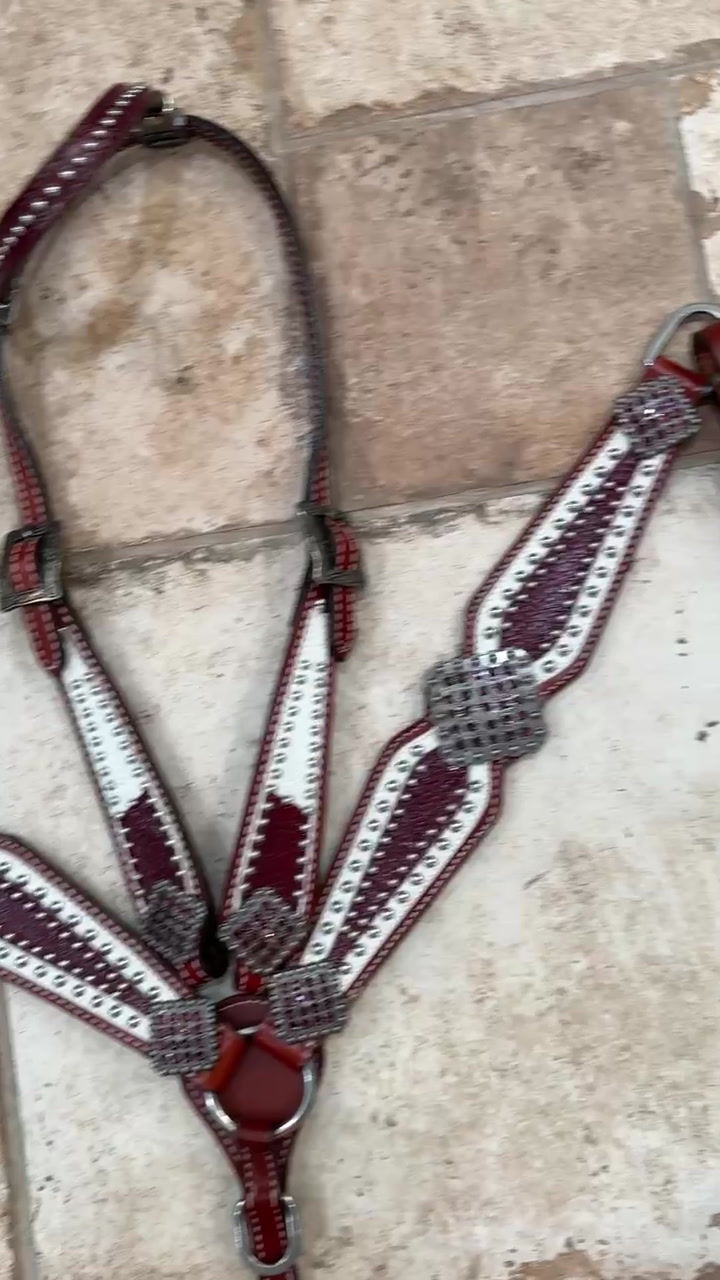 Thumbnail: Burgundy Wine & White Bridle Breast Collar Set w Crystal Conchos
