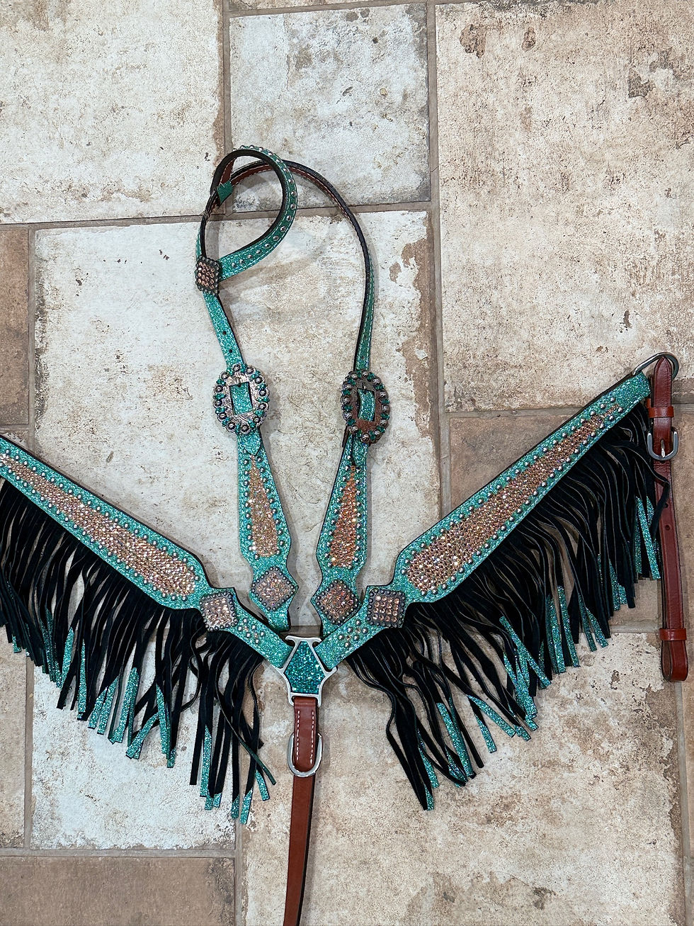 Thumbnail: Teal & Rose Gold Crystal Fringe Bridle Breast Collar Set.  Western Horse Show