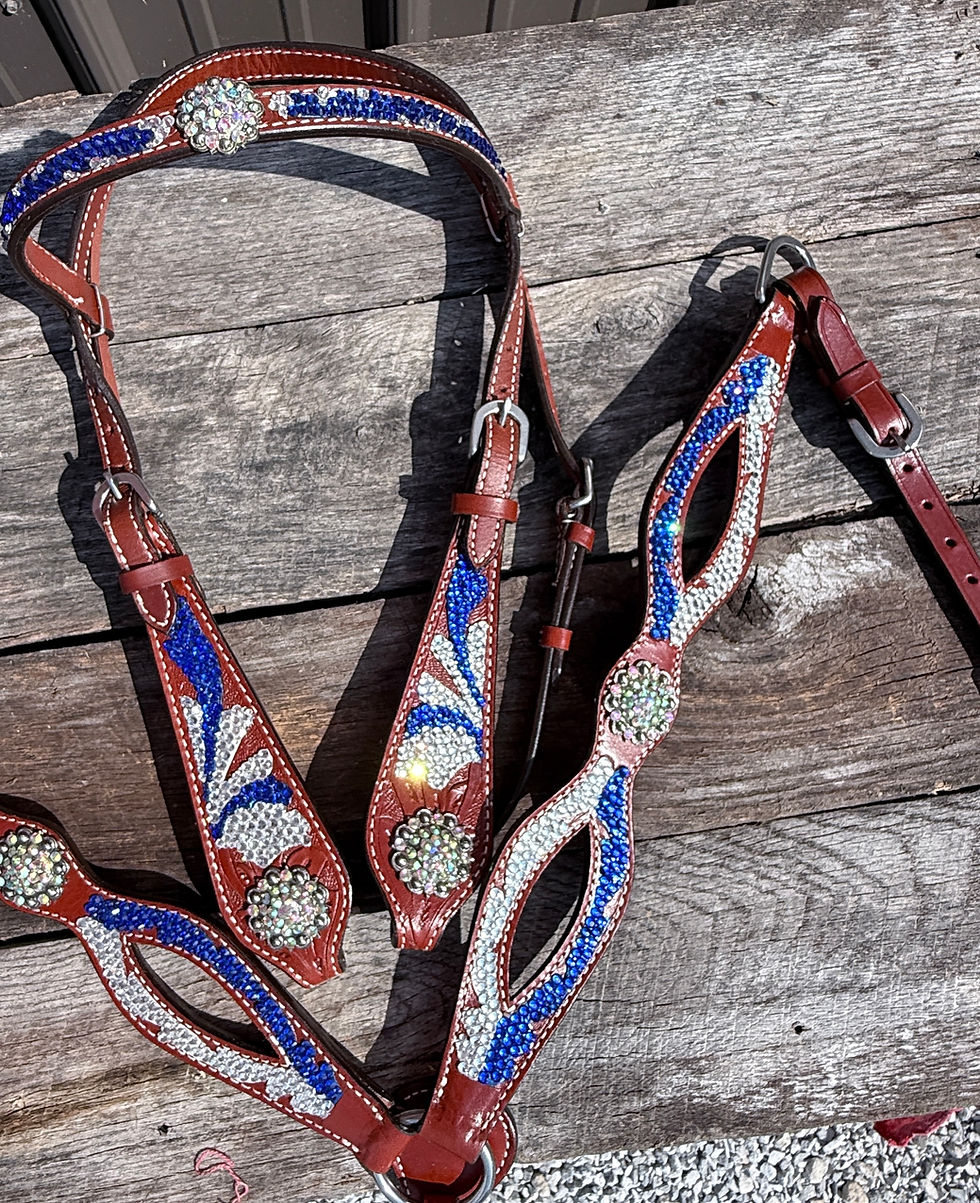 Thumbnail: Full Brow Crystal Bling & Sapphire Blue Bridle Breast Collar Set