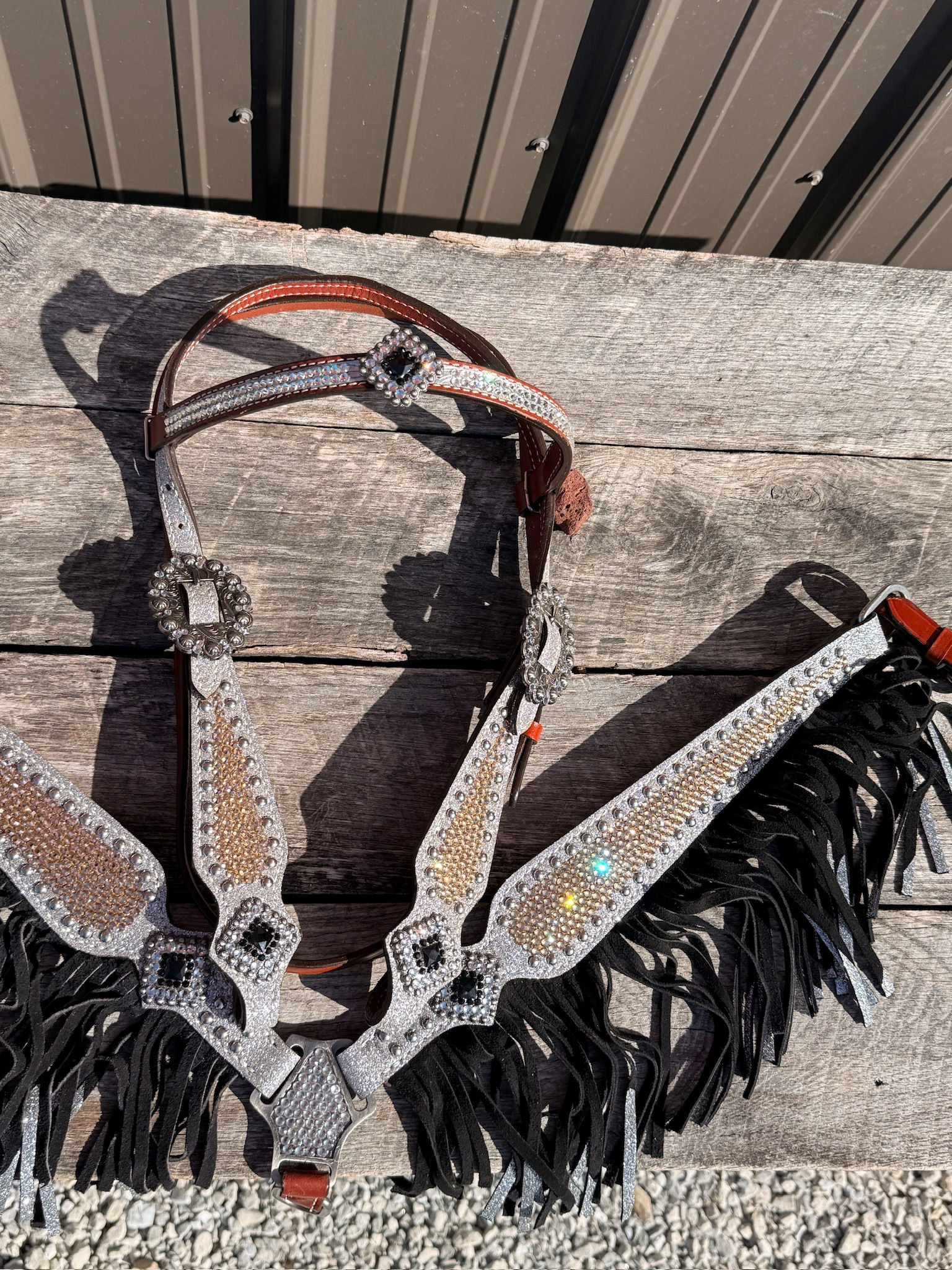 Full Brow Silver & Gold Crystal Fringe Bridle Breast Collar Set.