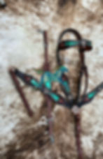 Thumbnail: Metallic Green Alligator Inlay Buckstitch  Bridle Breast Collar Wither Strap Set
