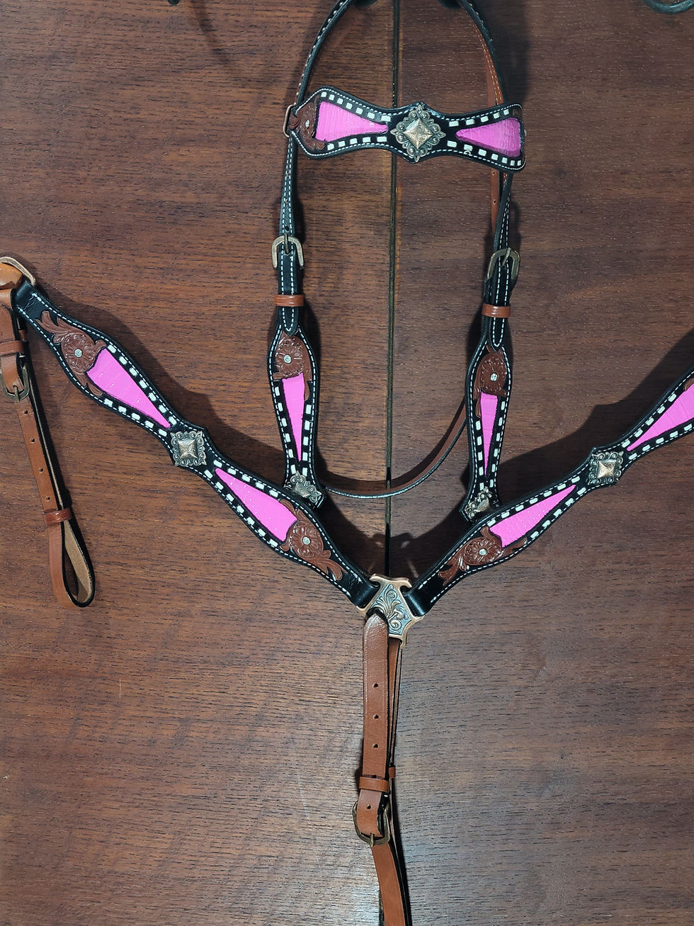 Thumbnail: Pink Alligator Inlay w White Buck Stitch Leather Bridle Breastcollar Set