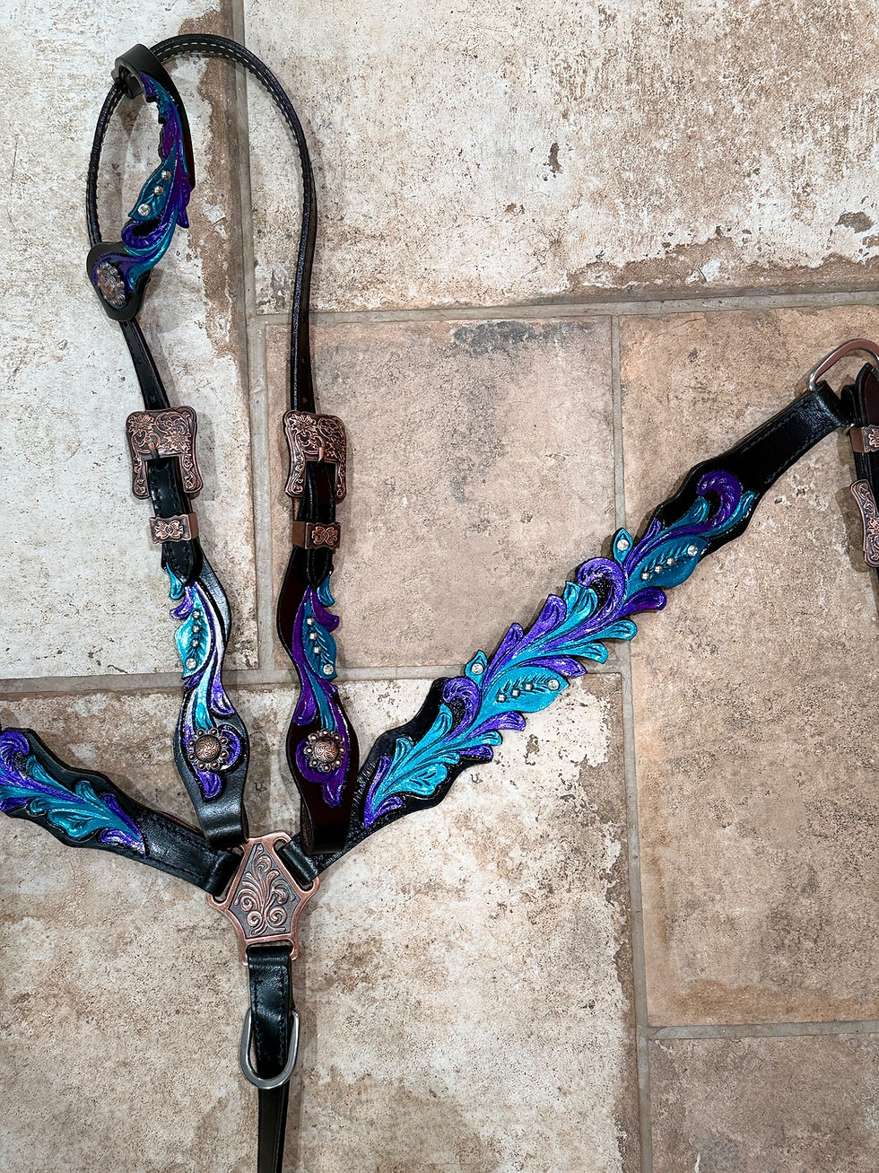 Thumbnail: Scalloped Black Leather w Teal & Purple Accent  Bridle Breastcollar Tack Set