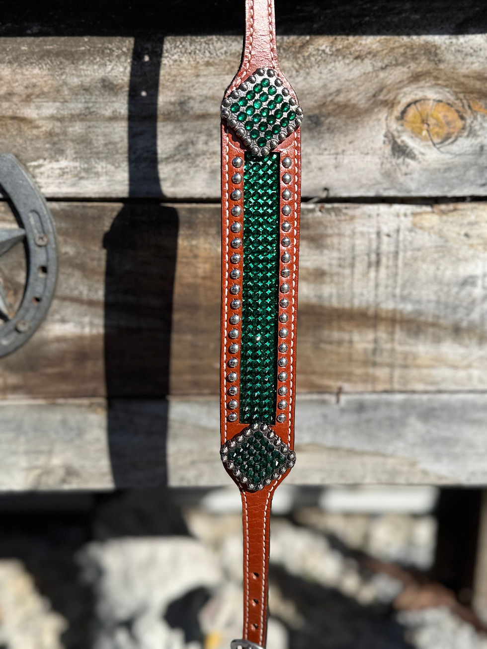 Thumbnail: Emerald Green Crystal Bling Inlay Wither Strap Trail Barrel Horse Bling