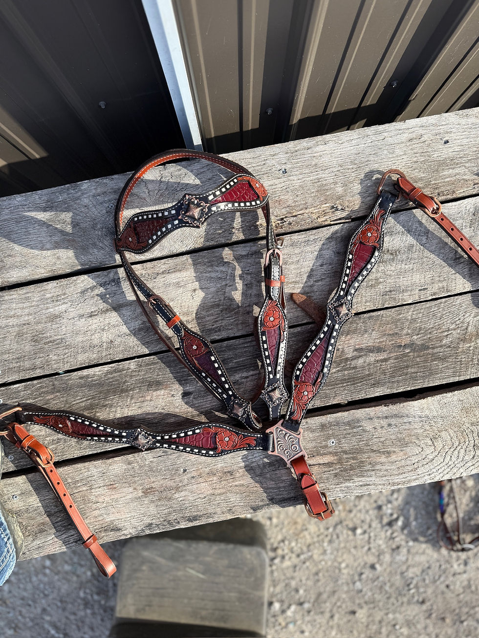 Thumbnail: Burgundy Wine  Alligator Inlay White BuckStitch Leather Bridle Breast Collar Set
