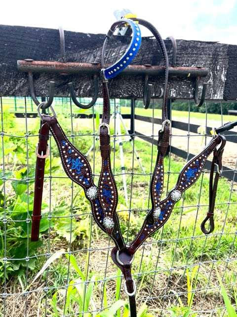 Thumbnail: One Ear Chocolate Brown Leather Solid Blue Accent Bridle Breast Collar Set