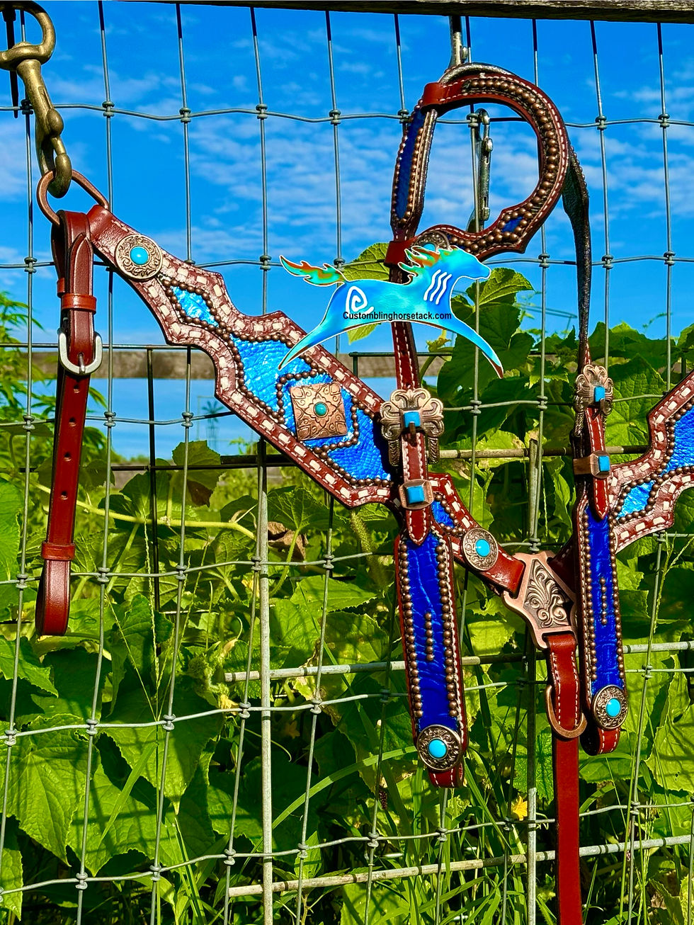Thumbnail: Royal Sapphire Blue Alligator Inlay w Buckstitch Bridle Breast Collar Set ~