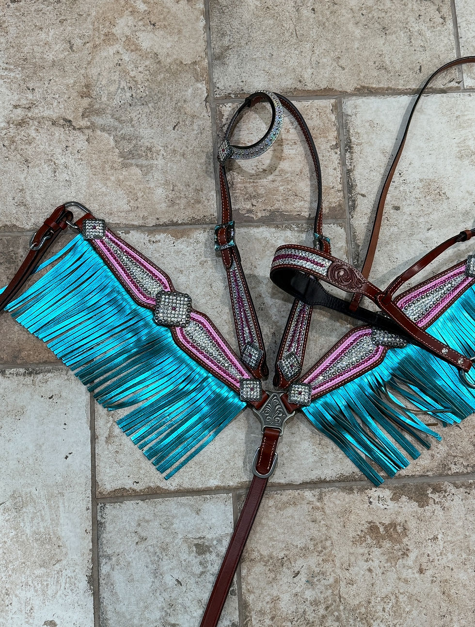 Thumbnail: Turquoise Clear & Pink Crystal Bridle Breast Collar Tie Down Noseband Set