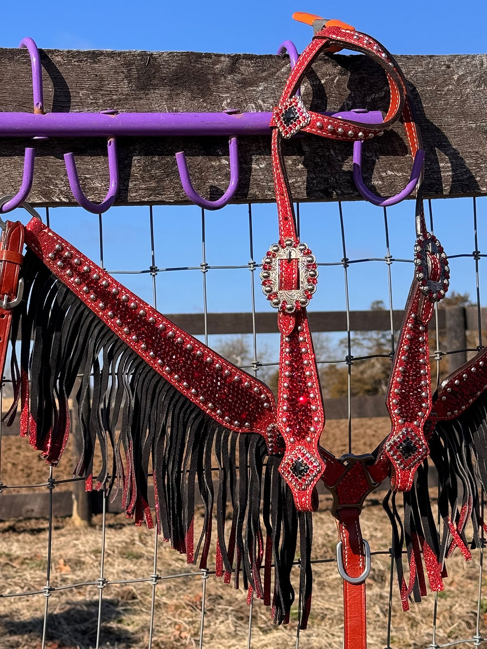 Thumbnail: Ruby Red Crystal Bridle Breast Collar Set Fringe 