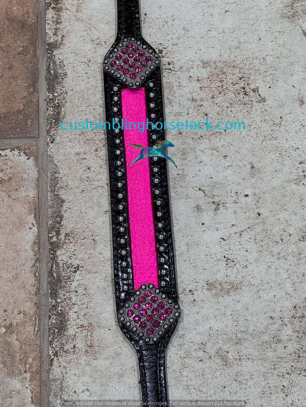 Thumbnail: Black Leather Pink Inlay Wither Strap Trail Barrel Horse Bling Crystal Conchos