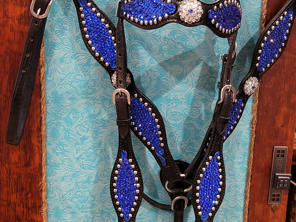 Thumbnail: Black Leather w Sapphire Blue Crystals Bridle Collar & Wither Strap Set 