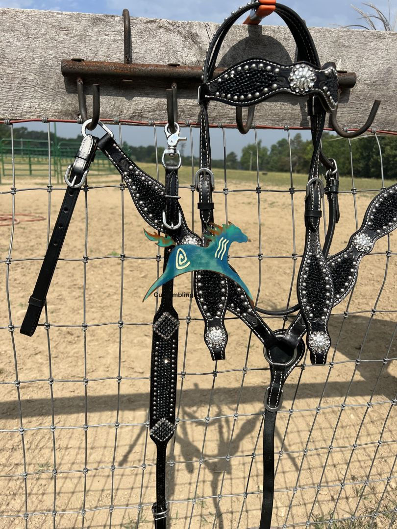 Thumbnail: Black Leather Crystal Bridle Breast Collar & Wither Strap Set