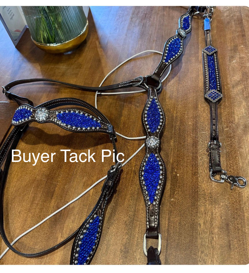 Thumbnail: Dark Brown Leather Sapphire Royal Blue Crystal Bridle Breast Collar Set Western