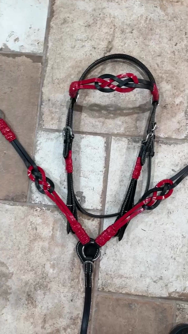Thumbnail: Red & Black Leather Celtic Knot w Rawhide Accents Bridle Breast Collar Set.