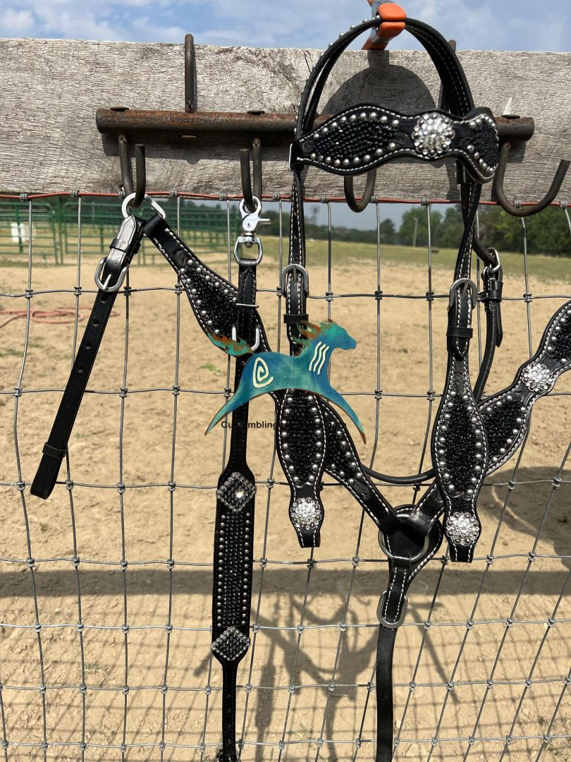 Thumbnail: Black Leather Crystal Bridle Breast Collar & Wither Strap Set