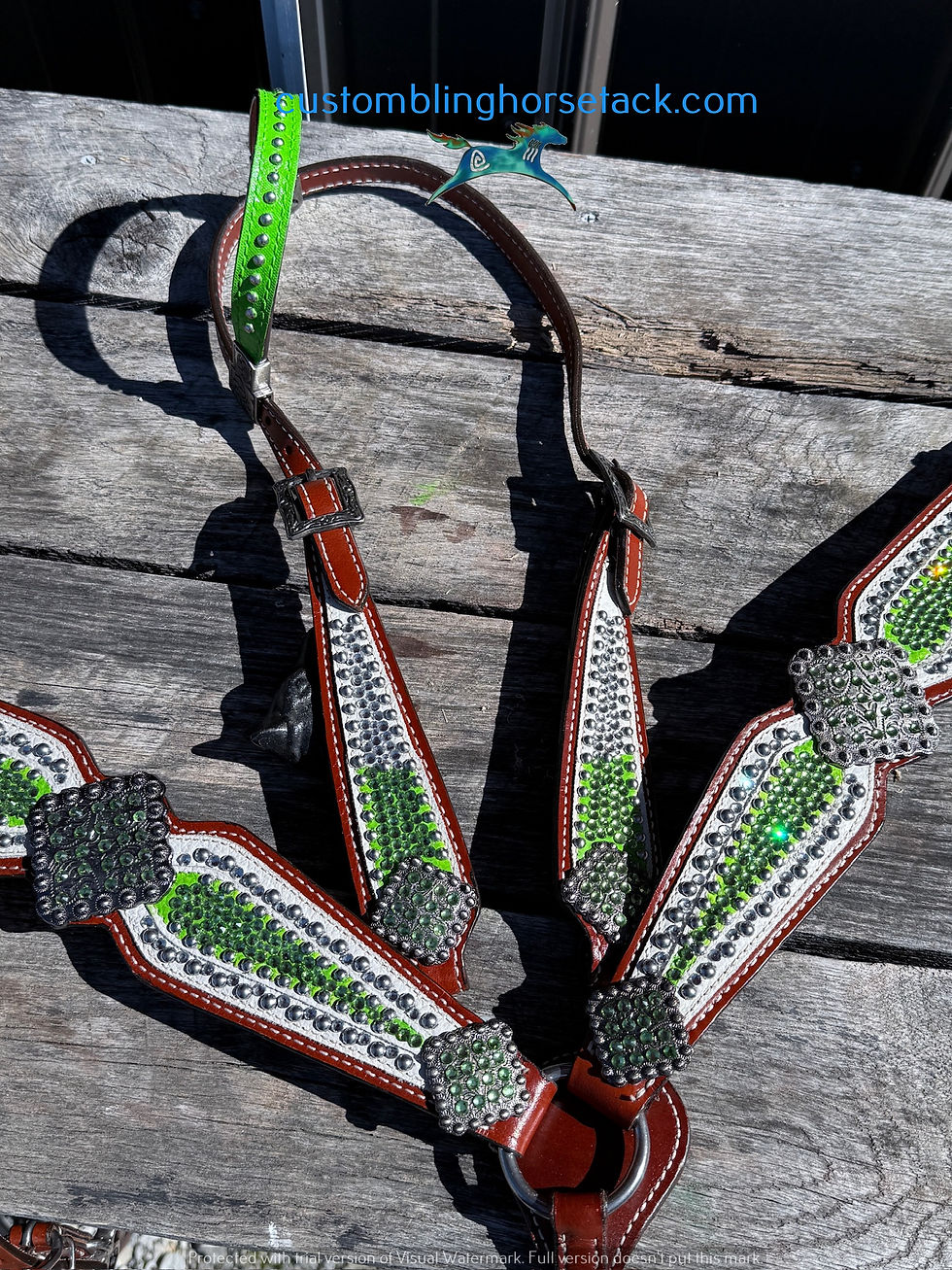 Thumbnail: Lime Green Crystal Bling Bridle Breast Collar Set Western Horse