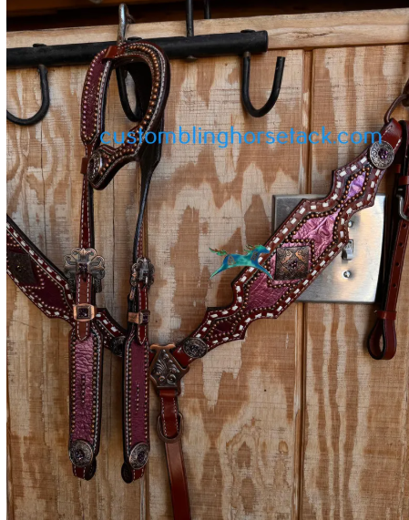 Thumbnail: Crystal Conchos Burgundy Maroon Wine Alligator Buckstitch Bridle Breast Set~