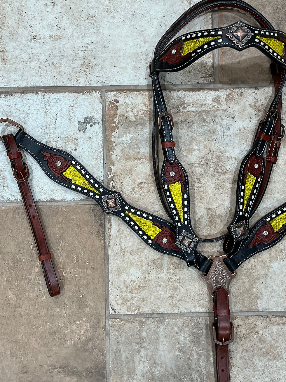 Thumbnail: Yellow Crystal Inlay w White Buck Stitch Leather Bridle Breastcollar Set